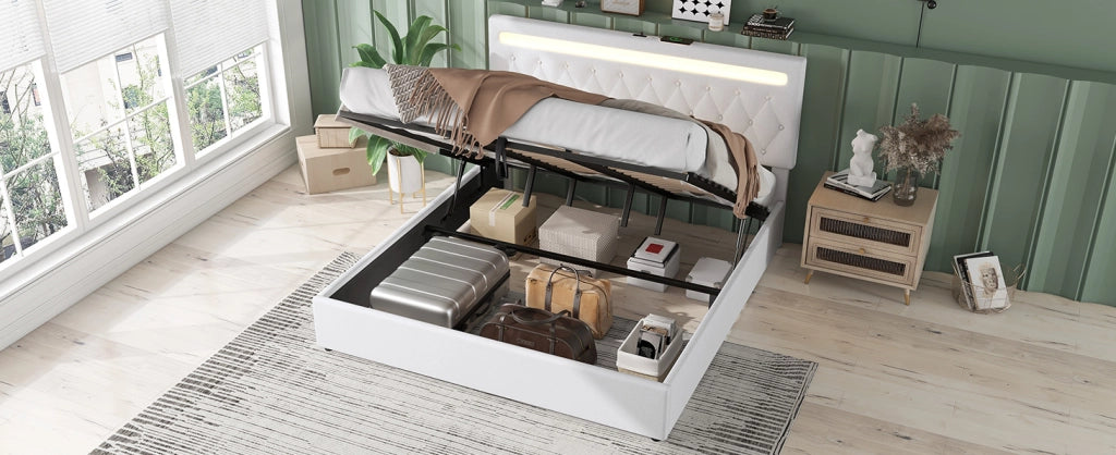 Letto matrimoniale imbottito 180x200 cm con sollevamento idraulico, illuminazione ambientale a LED e porta USB, colore bianco
