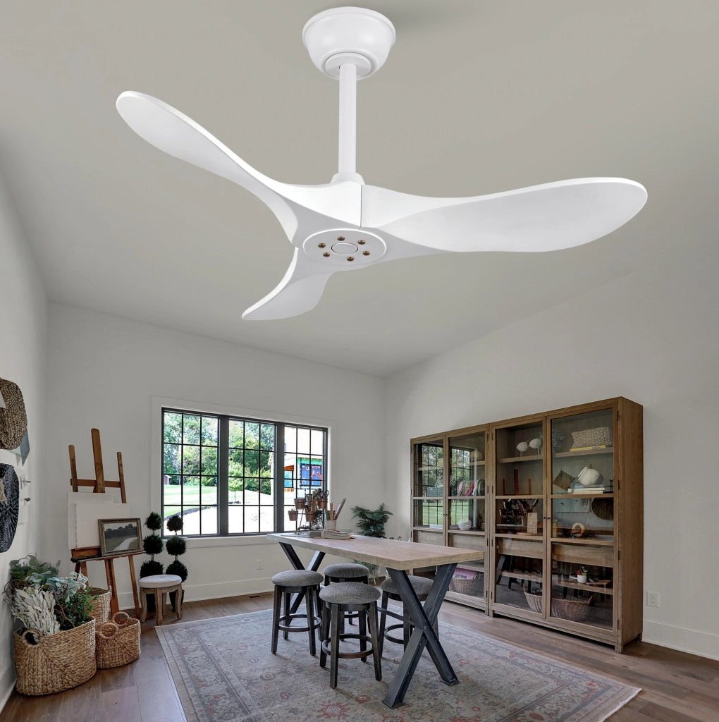 Ventilatore da soffitto 36" bianco con 3 pale in legno massello, telecomando, 6 velocità reversibili e funzione memoria velocità
