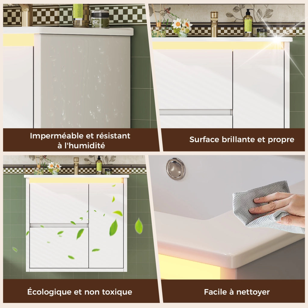 Mobiletto con lavabo sospeso con due cassetti e LED a sensore in MDF e ceramica bianco 61 × 46.5 × 57 cm