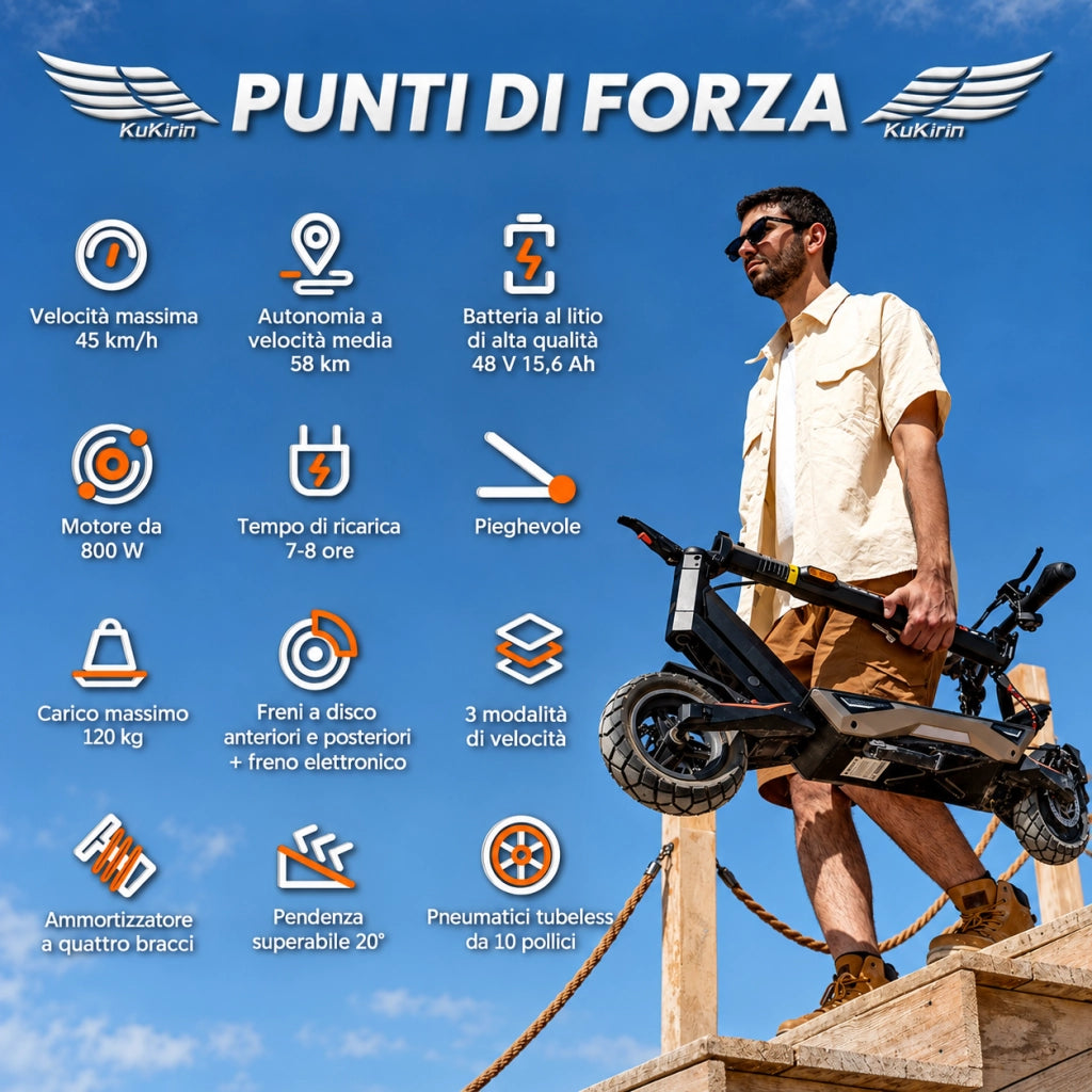 Monopattino elettrico pieghevole T3 batteria 48V 15.6Ah litio autonomia 58 km pneumatici 10 pollici tubeless freni a disco frecce IP54 luci LED chiave