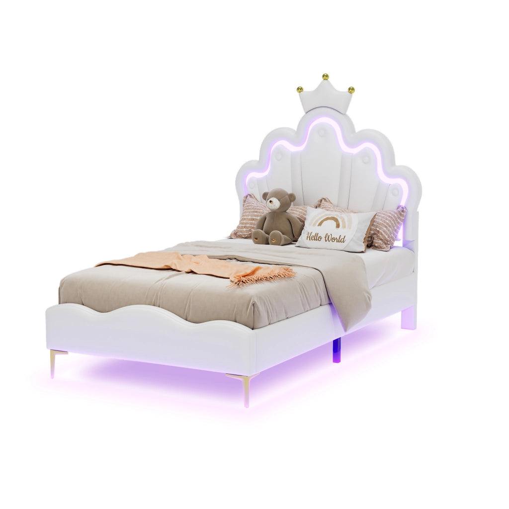 Crown Shape Princess Single Bed 90x200cm con strisce LED in PU bianca