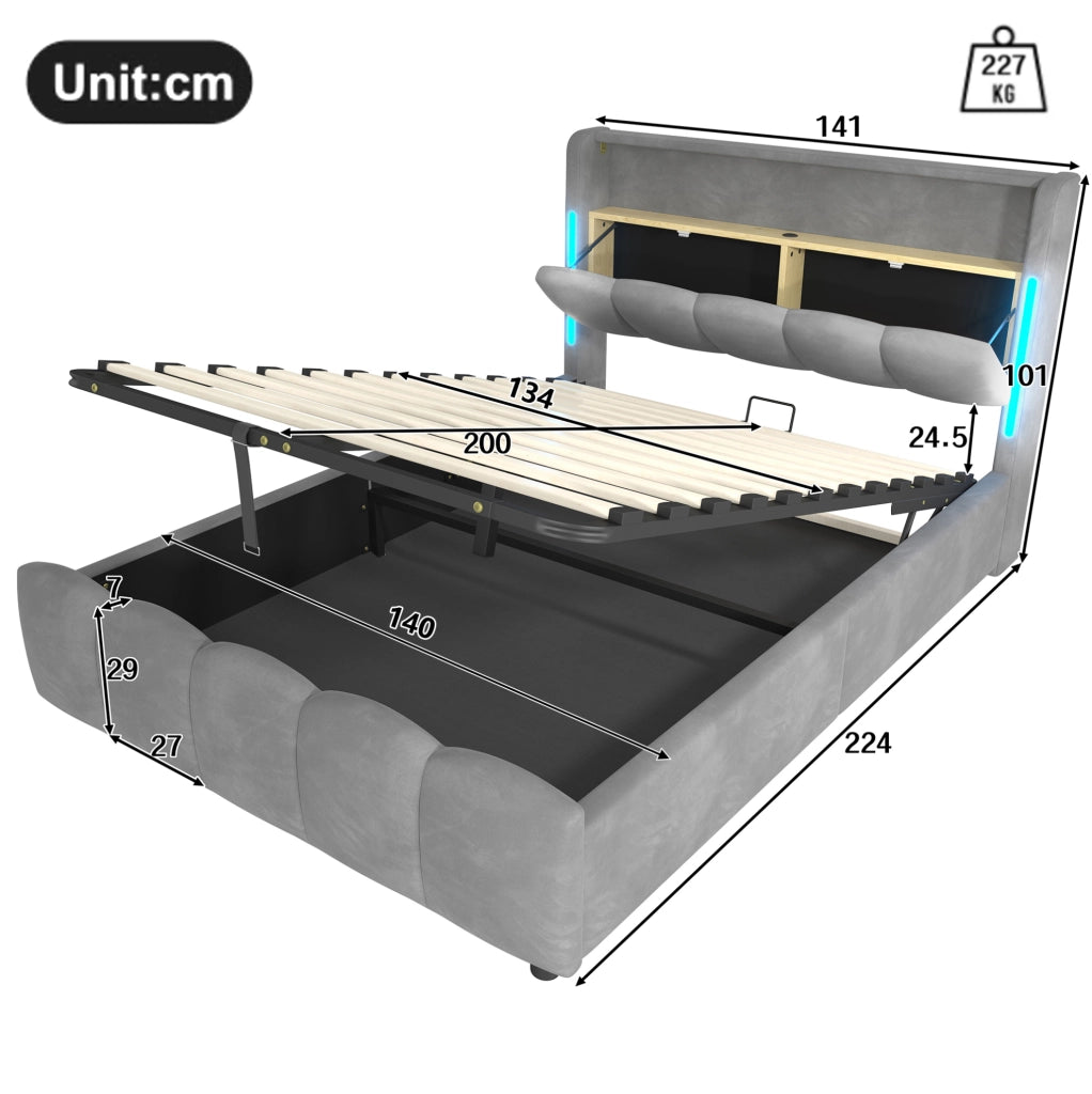 LETTO Contenitore 140x200 cm in Velluto Grigio con LED e porte USB/Type-C