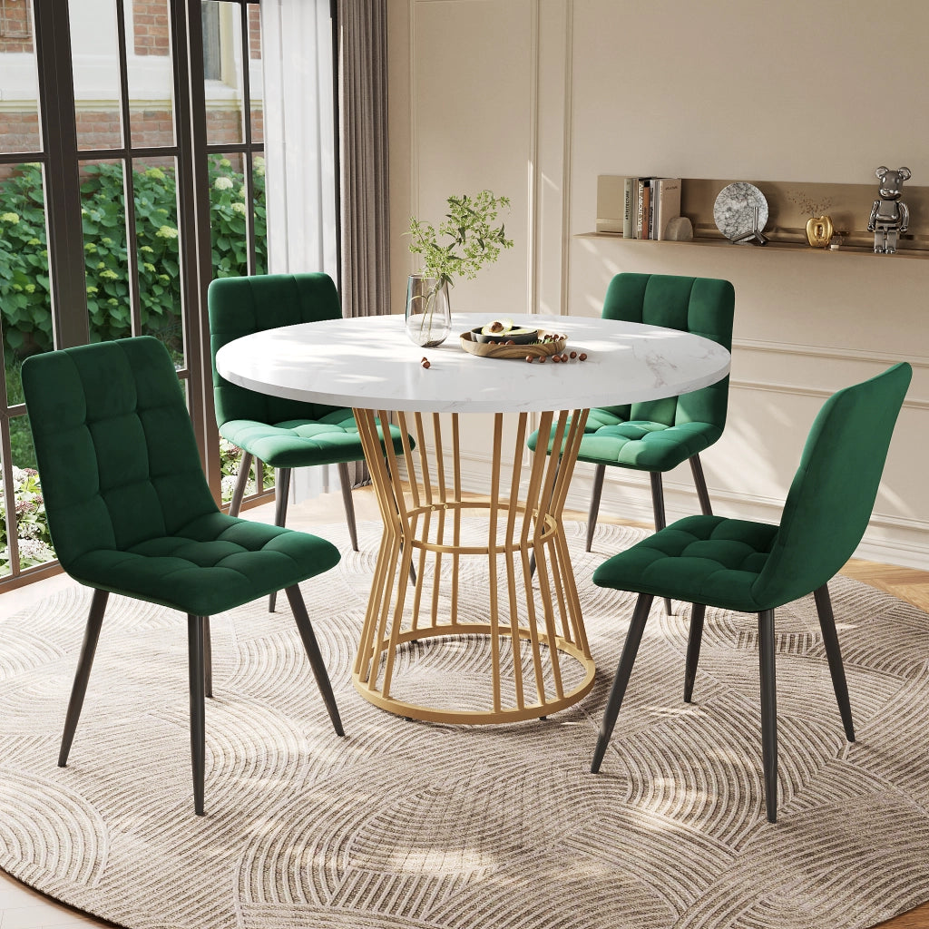 Set tavolo e sedie 5 pezzi con tavolo rotondo in MDF effetto marmo e 4 sedie in velluto verde 75 × 100 × 100 cm