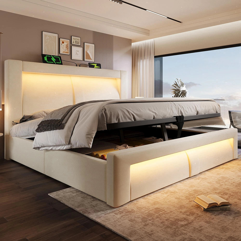 Letto matrimoniale-Xylo-160x200cm idraulico LED USB-C velluto beige