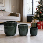 Set di 3 Vasi in Ceramica Artigianali Ø 38/30,5/23 cm, Verde Scuro Lucido con Righe Verticali, con Fori di Drenaggio per Giardino e Balcone