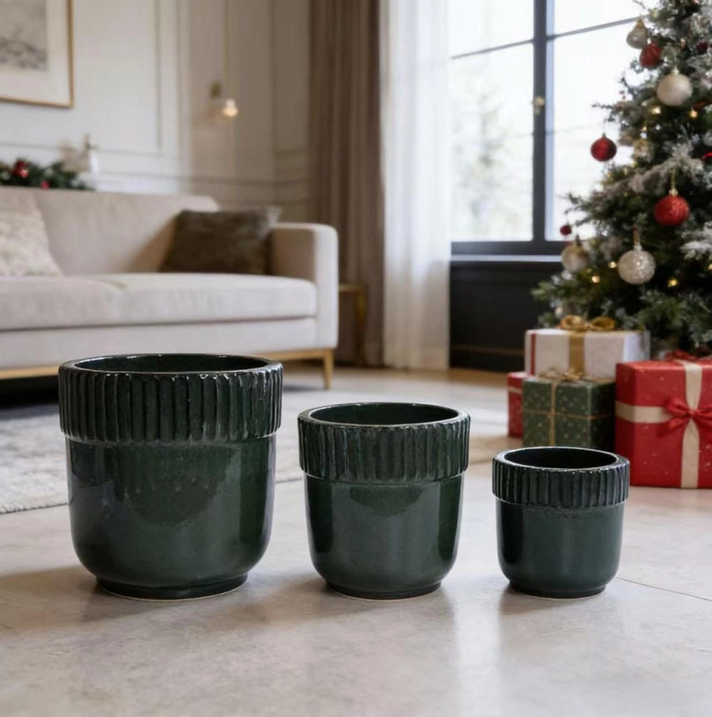 Set di 3 Vasi in Ceramica Artigianali Ø 38/30,5/23 cm, Verde Scuro Lucido con Righe Verticali, con Fori di Drenaggio per Giardino e Balcone