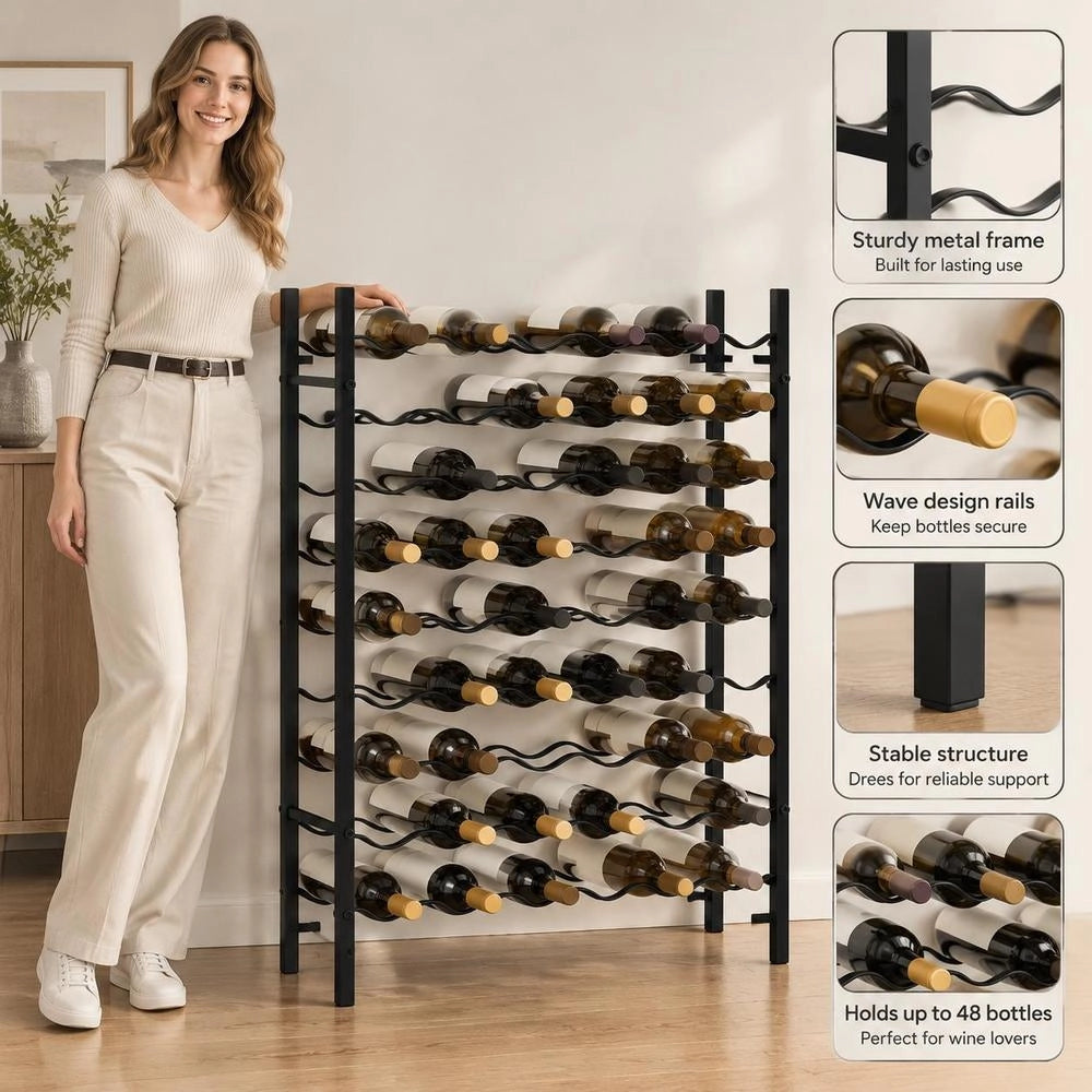 Wine Rack For 48 Bottles, Black Metal