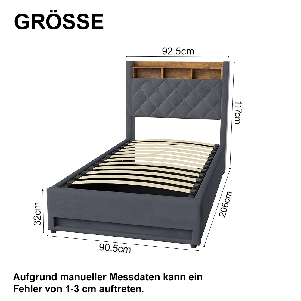 Letto Imbottito con Contenitore 90x190 cm Grigio in Velluto con LED e Porte USB