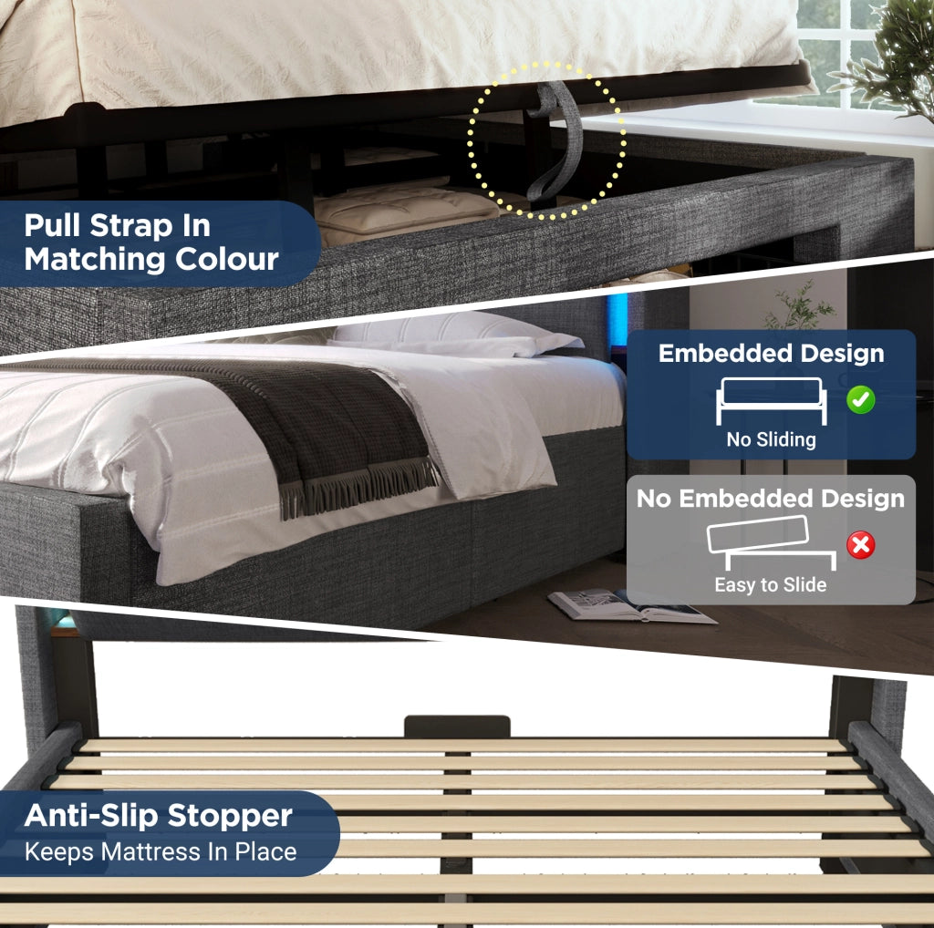 Letto contenitore ULEVR 180x200 cm con vano idraulico, LED, USB e USB-C, testiera con scomparti, grigio