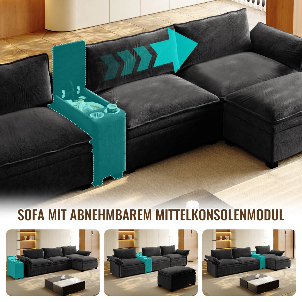 Divano modulare 4 posti - con contenitore; luci e portabicchieri - in chenille nero