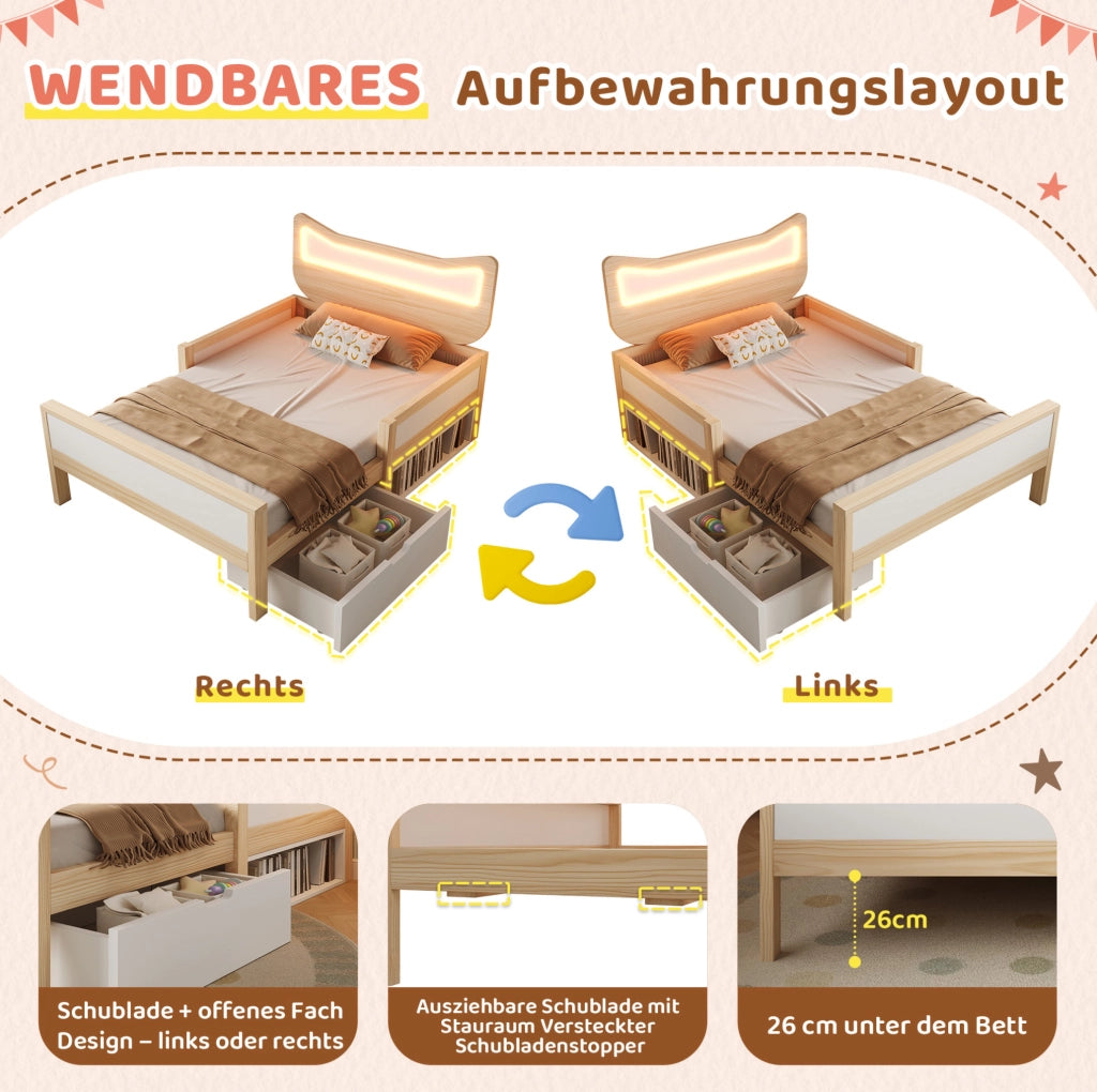 Letto per bambini 90x190 cm con testiera a orecchie di gatto, illuminazione LED RGB, doghe e cassetto flessibile montabile a sinistra o destra, bianco e rovere, senza materasso