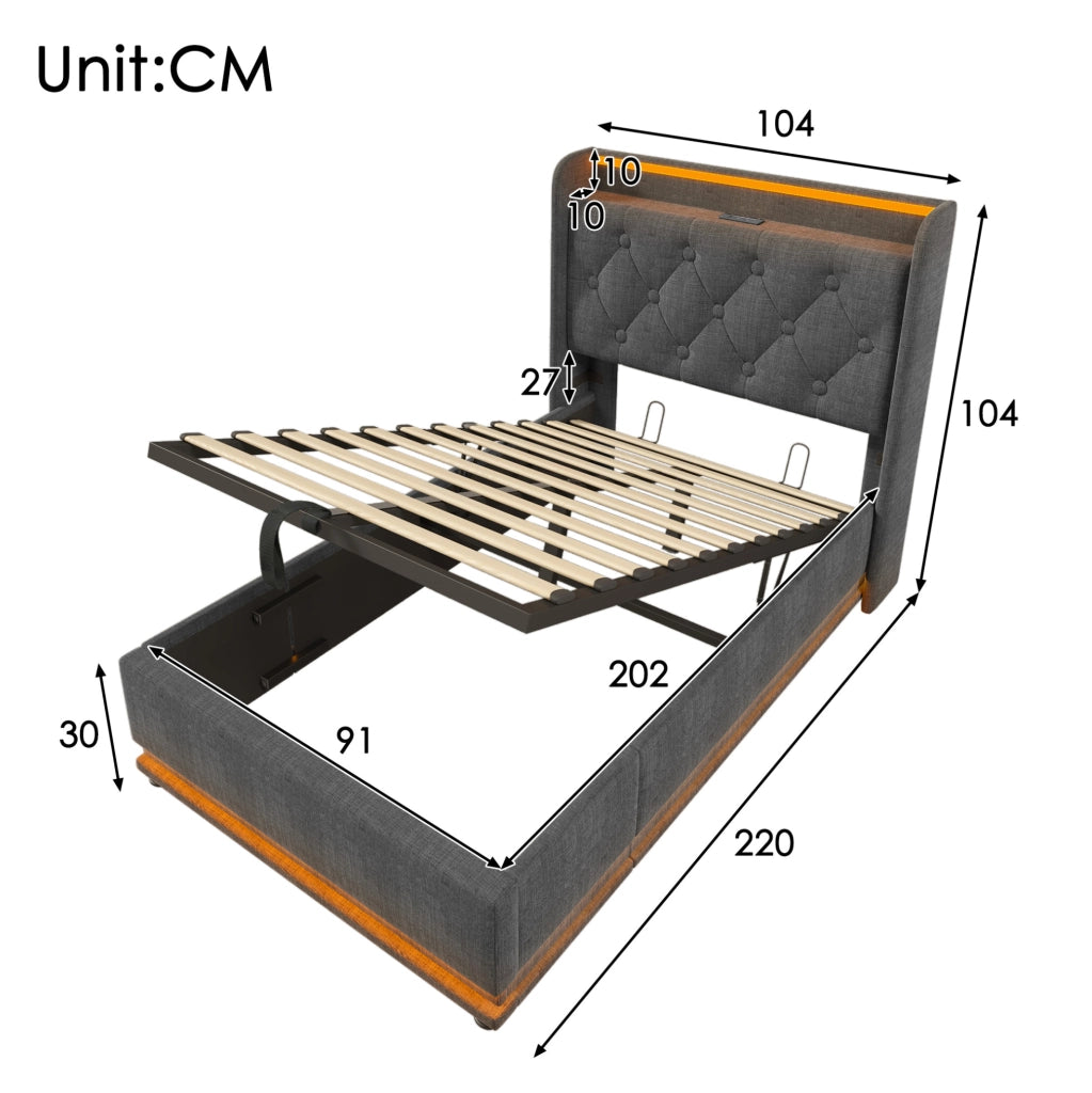 Letto 90x200 cm con contenitore idraulico, LED a 360Â° e USB-C in lino grigio