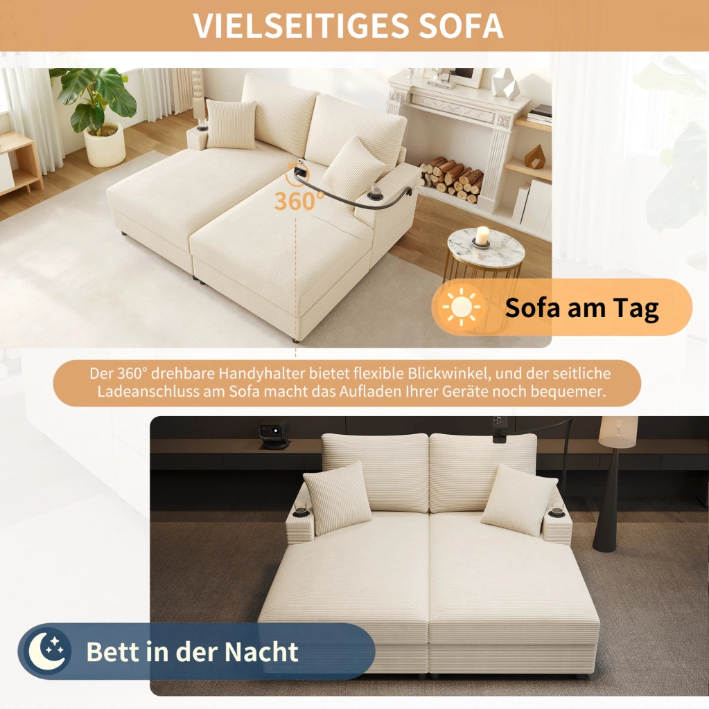 Divano letto doppio in velluto a coste beige con funzione sonno, porta cellulare rotante, porte USB e portabicchieri