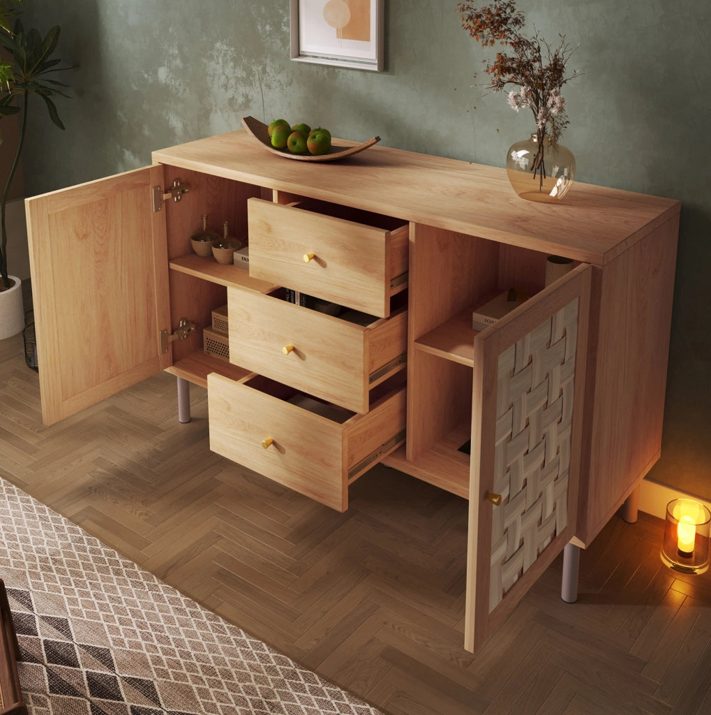 Credenza 120x40x75 cm con 2 ante; 3 cassetti e ripiani regolabili effetto rovere HOMVRA