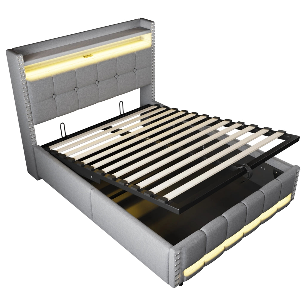 Letto matrimoniale 140×200 cm con contenitore idraulico; LED multicolore e USB; senza materasso; grigio chiaro