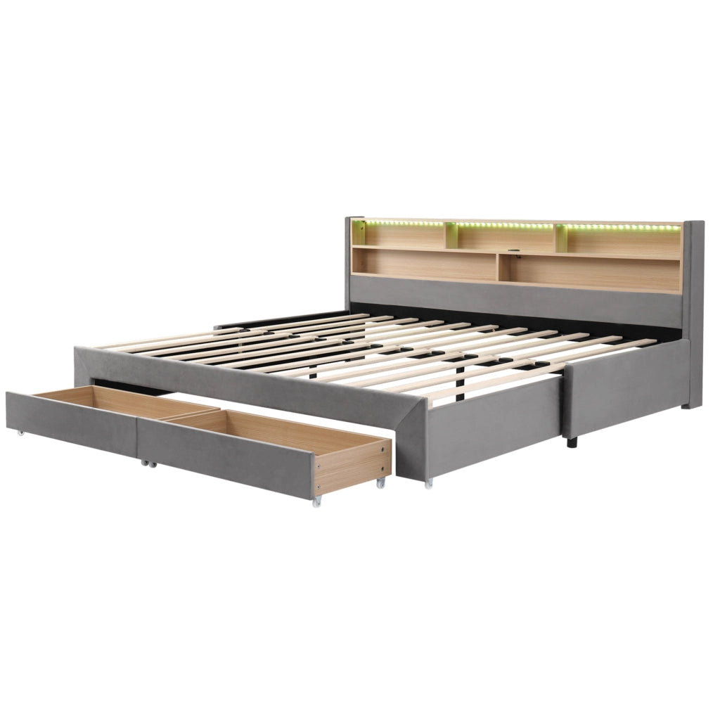 Letto singolo estraibile 90x200 cm con 2 cassetti; LED e USB/Type-C in velluto grigio HOMVRA