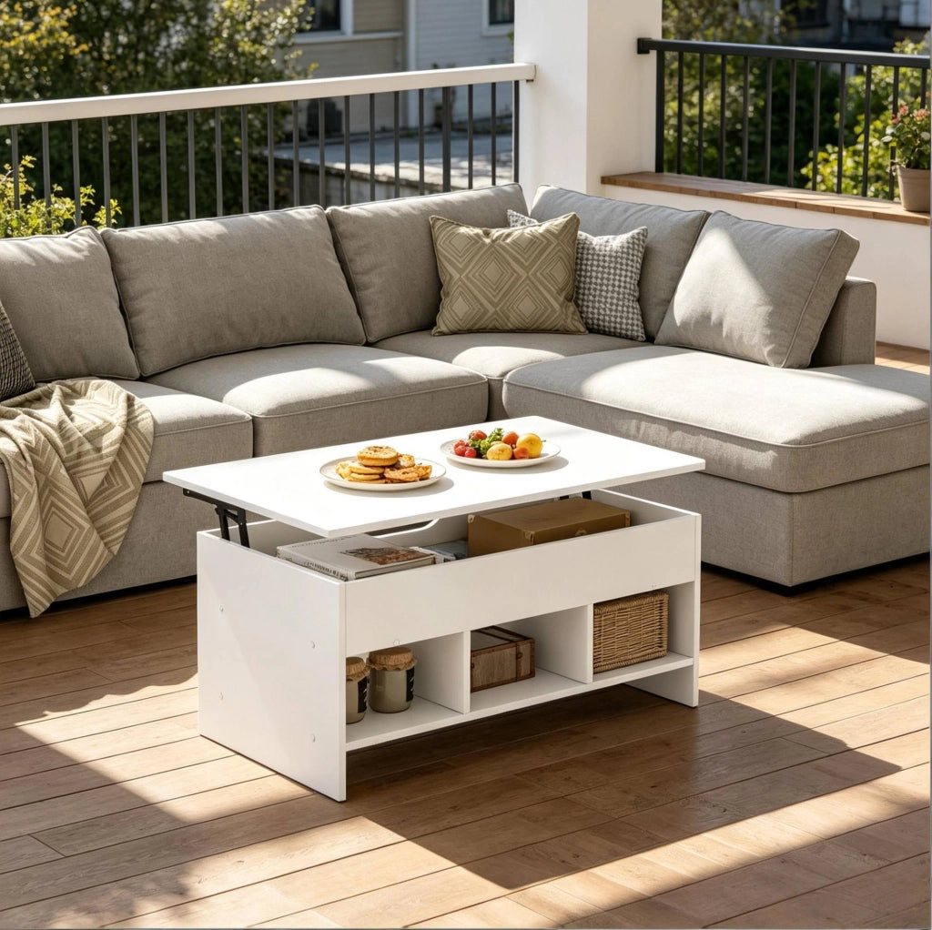 Tavolino Trasformabile Multifunzionale in Legno Bianco 96x45x51 cm con Piano Ribaltabile