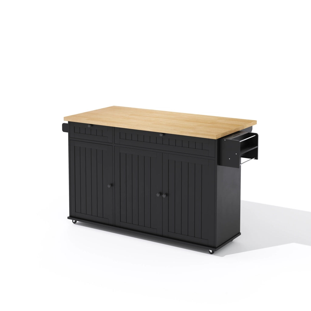 Isola da Cucina con Piano di Lavoro Ribaltabile, Carrello Mobile con 6 Ruote Blocabili, 2 Cassetti Grandi, Scaffale Porta Stoviglie e Armadietto, Nero, 137 x 89,5 x 45 cm