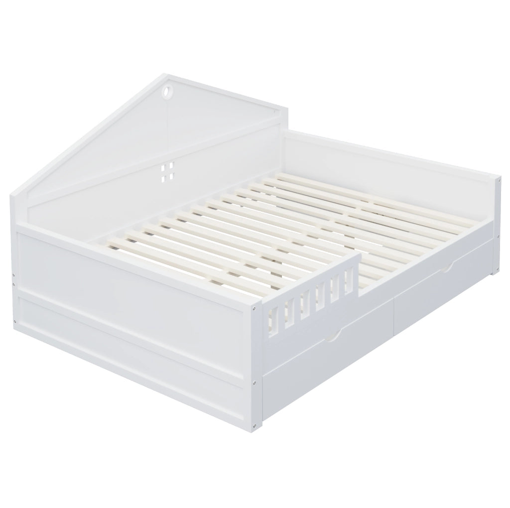Letto 140x200 cm con LED e 2 cassetti in legno di pino, compensato e MDF bianco