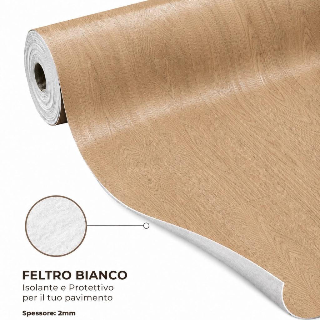1 x 15 m (15 m²) Pavimento Vinilico a Rotolo Effetto Legno Frassino Dorato – Spessore 2 mm con Feltro Fonoassorbente