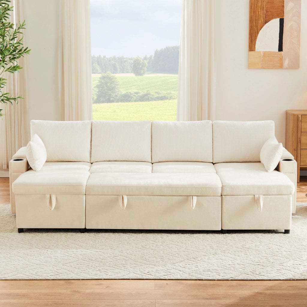Divano ad angolo convertibile 4 sedili 272 x 131 x 84 cm; U - shape; dormire; tronco; portabicchieri; cuscini; ciniglia; beige