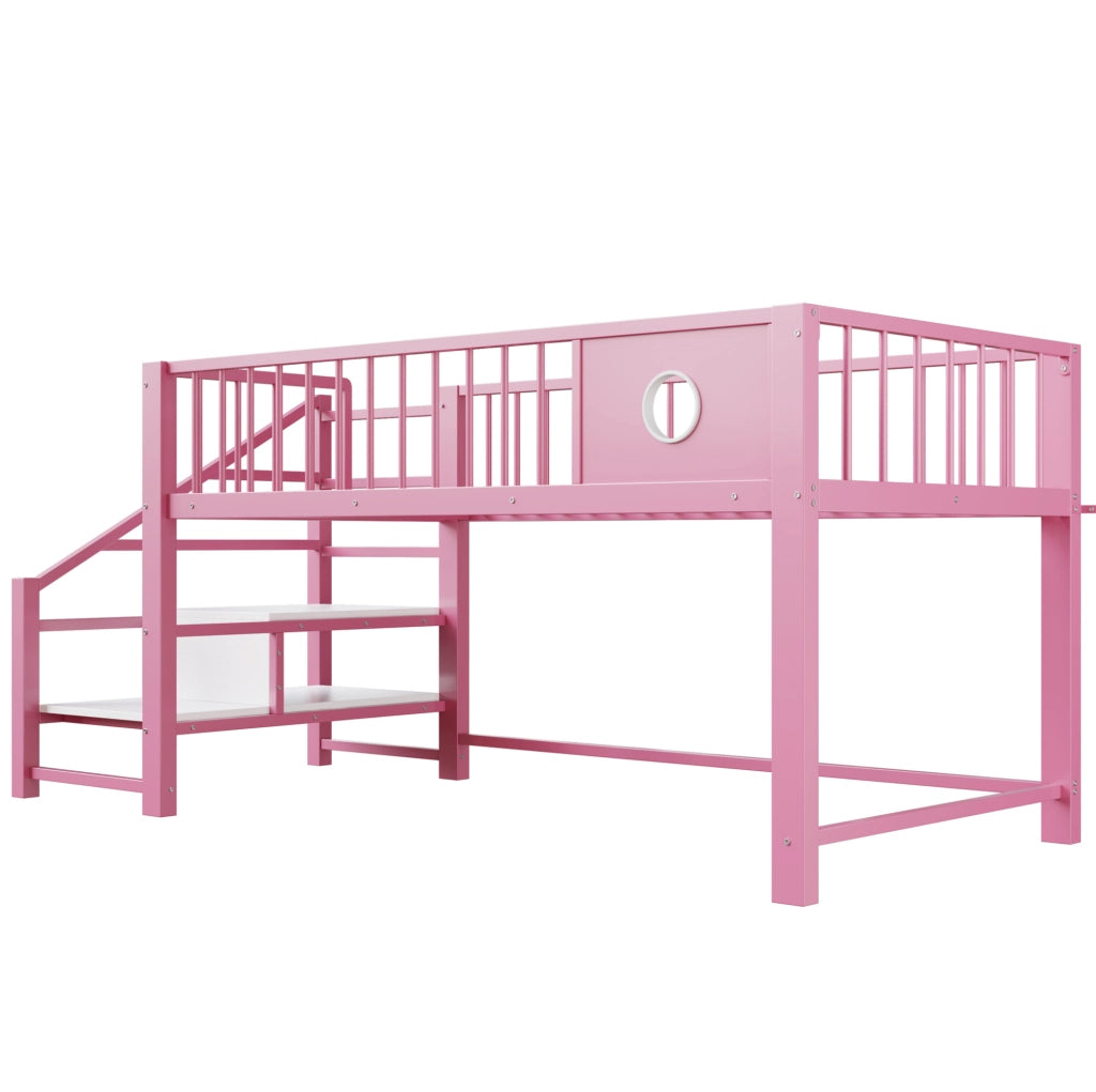 Letto a soppalco basso per bambini 90x200 cm con struttura in metallo rosa e scaletta con contenitore