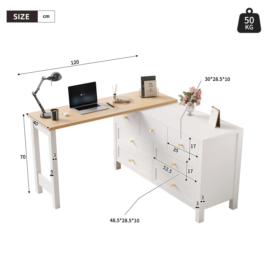 Scrivania 2-in-1 con 7 cassetti e piano girevole a 360°, finitura in effetto rovere, bianco/naturale, scrivania angolare a L