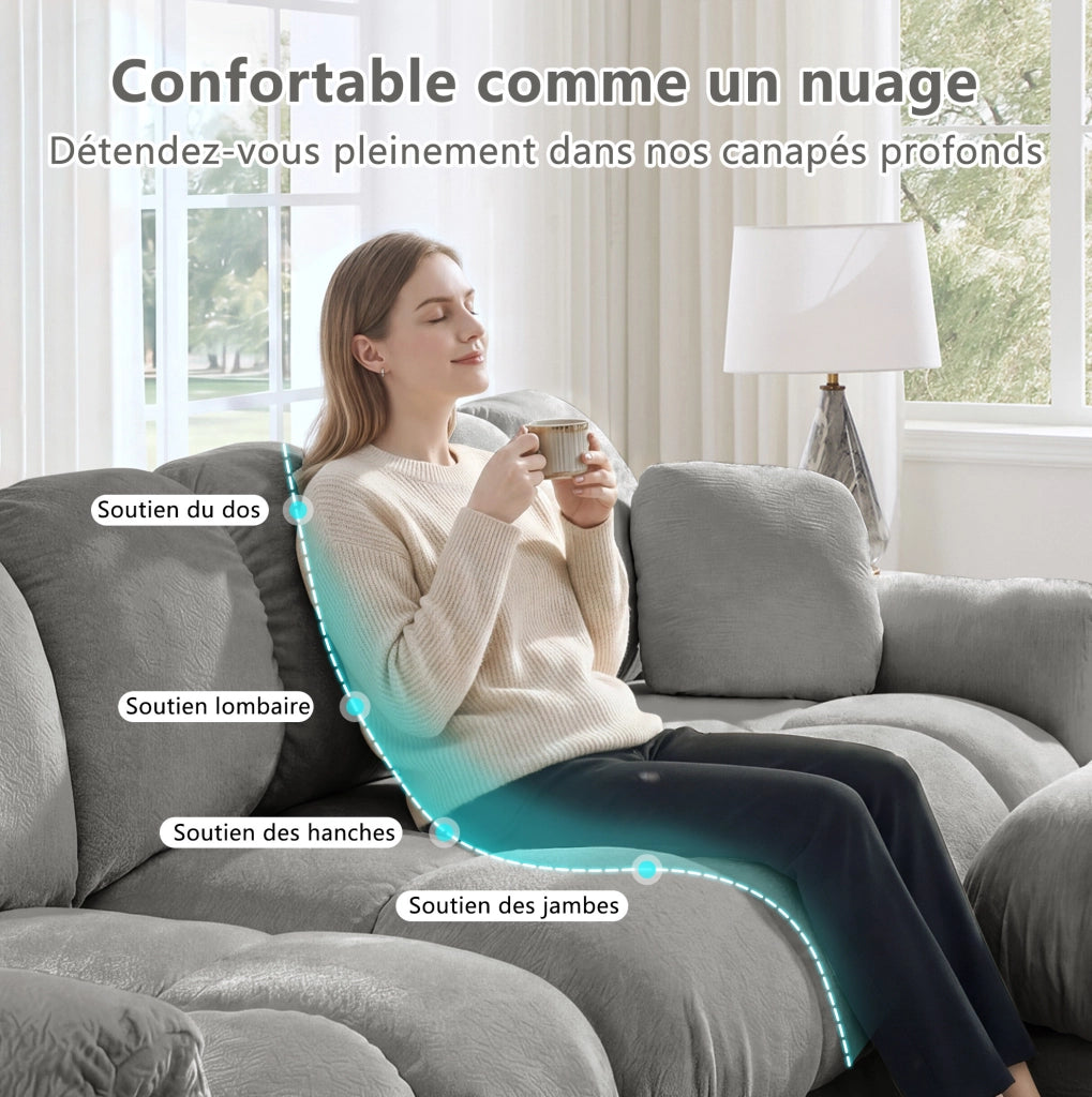 Divano modulare in chenille grigio chiaro 330x86x90 cm con cuscini imbottiti e schienale ergonomico