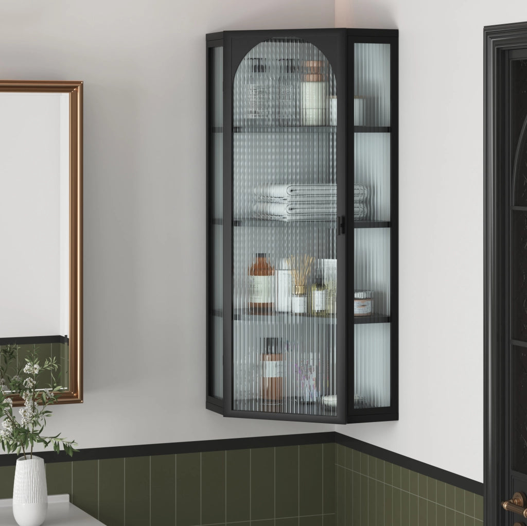 Mobile pensile da parete 56x40x105 cm con 4 ripiani in metallo e vetro temperato nero