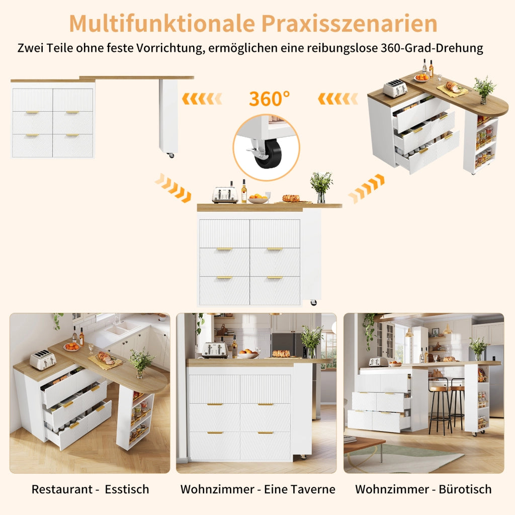 Tavolo alto girevole con 6 cassetti e ripiano laterale in MDF bianco per cucina soggiorno e ufficio domestico
