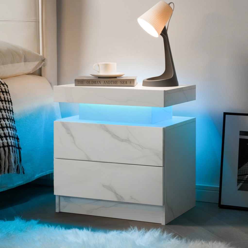 Comodino moderno con LED multicolore; 2 cassetti e vano a giorno in legno ingegnerizzato bianco opaco