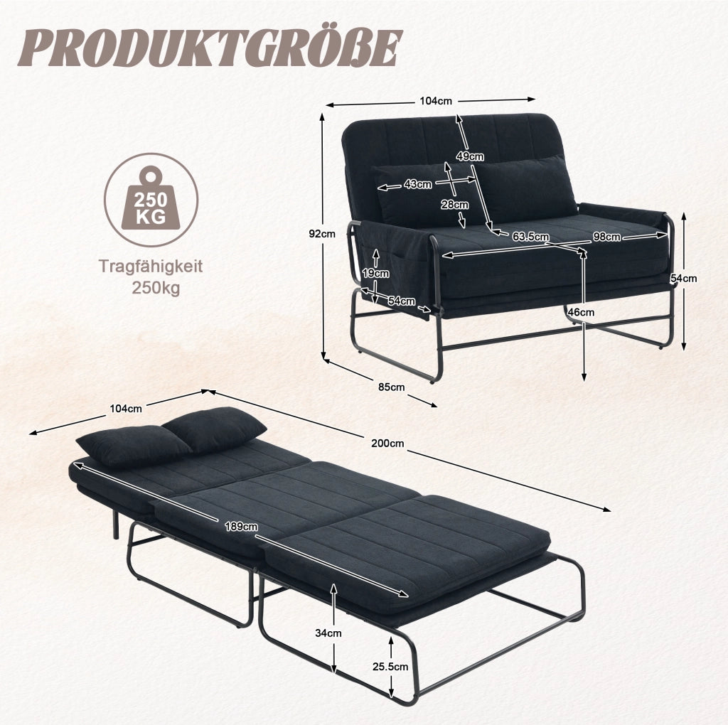 DIVANO LETTO 2 Posti Trasformabile 104x200 cm in Chenille Nero