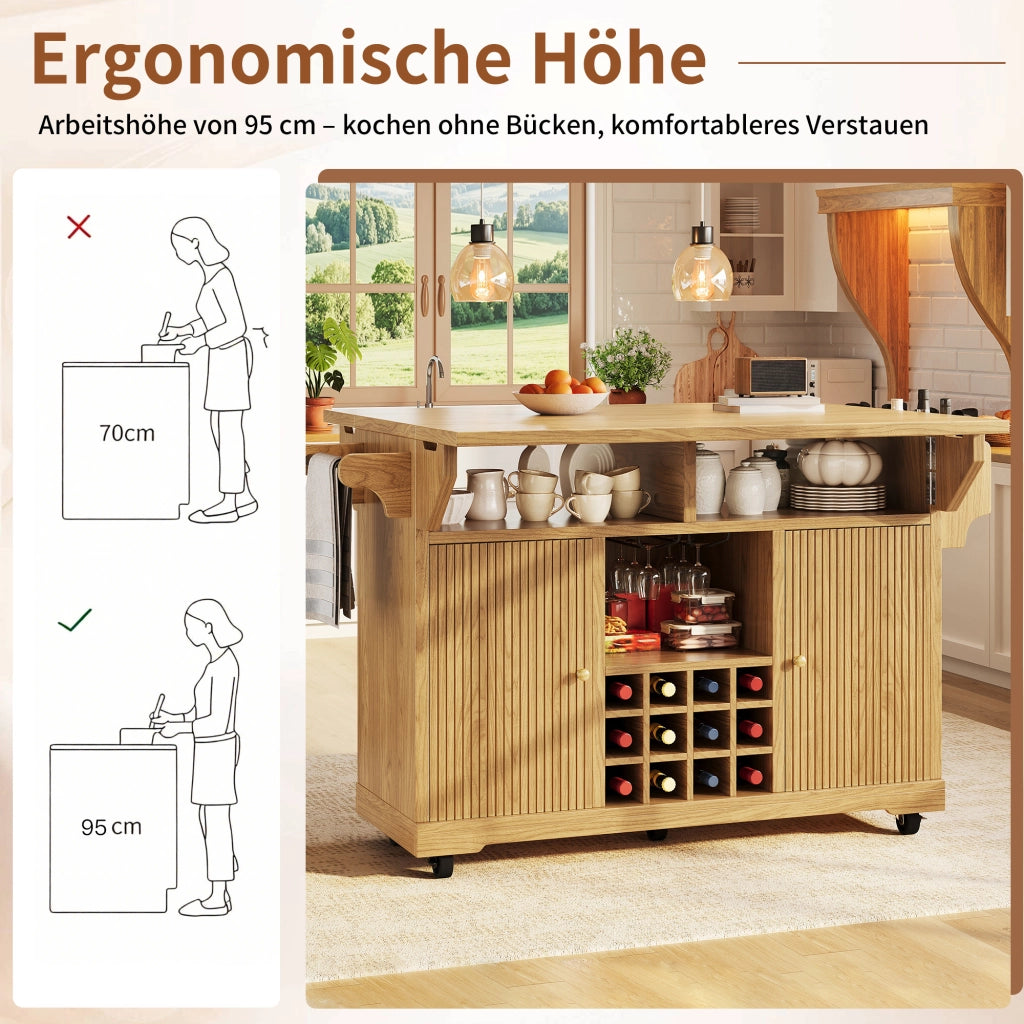 Carrello da cucina mobile con prolunghe pieghevoli; ripiani regolabili e portabottiglie estraibile in MDF naturale