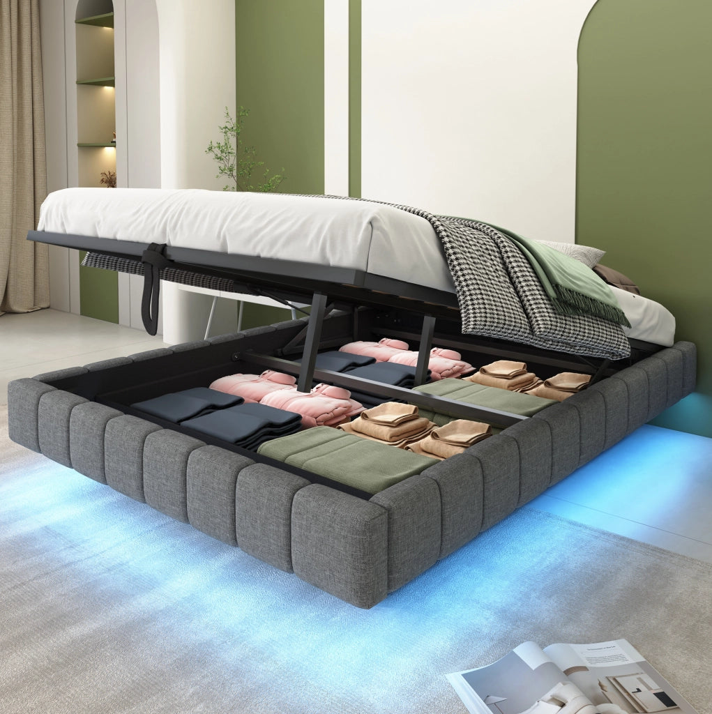 Letto imbottito sospeso con LED e contenitore 140x200 cm