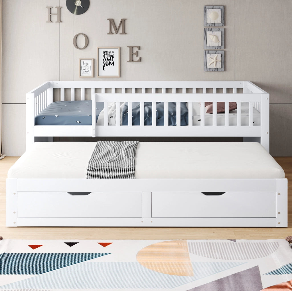 Letto estraibile per bambini 90x200 cm bianco con 2 cassetti e sponda