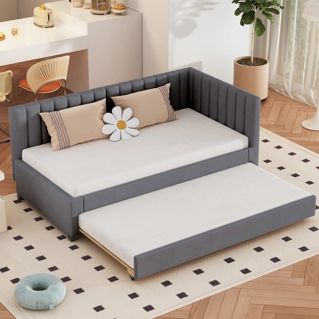 Letto con letto estraibile 90 × 200 cm con rete a doghe rivestito in velluto grigio
