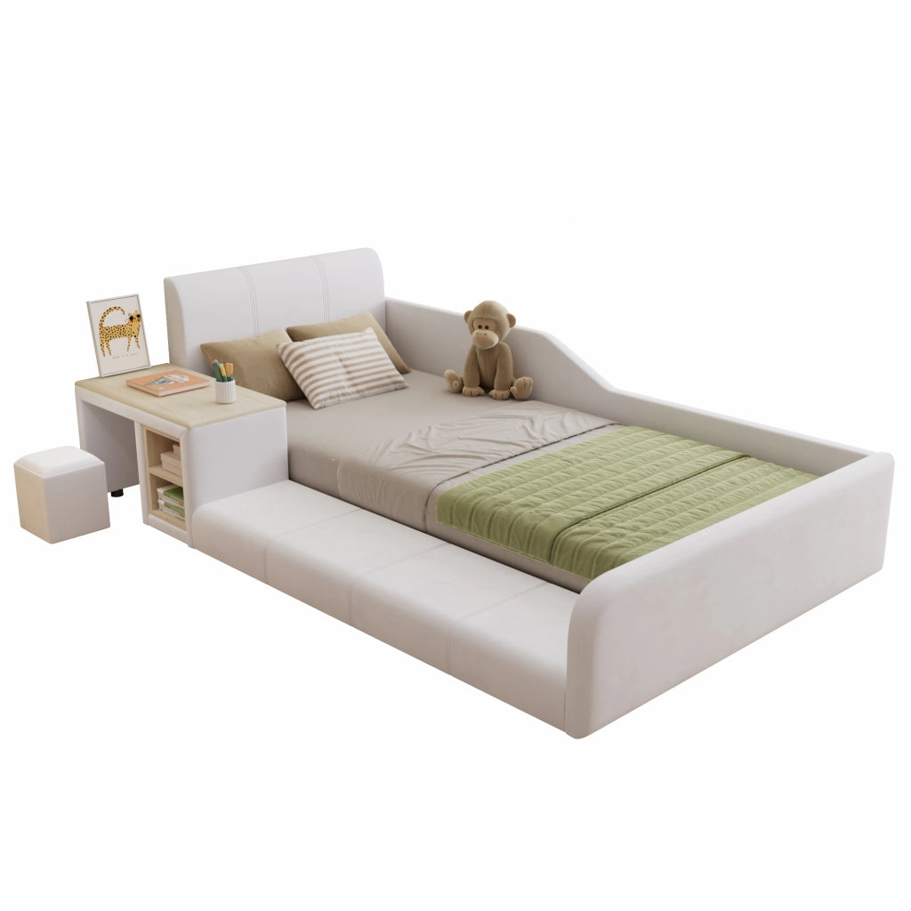 Letto singolo con scrivania e sgabello in velluto bianco 90x200 cm