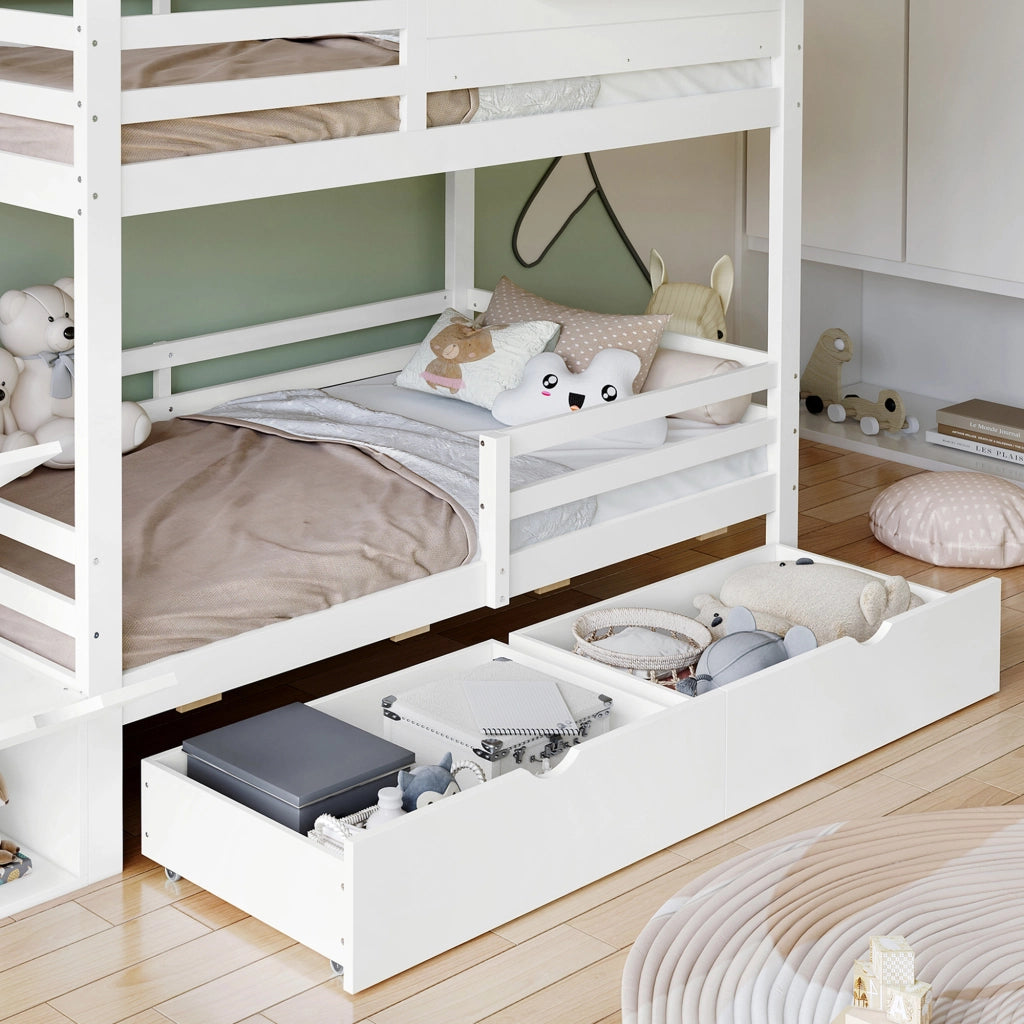 Letto a castello per bambini 90 × 200 cm con scala contenitore in legno bianco e naturale con cassetti e finestra apribile