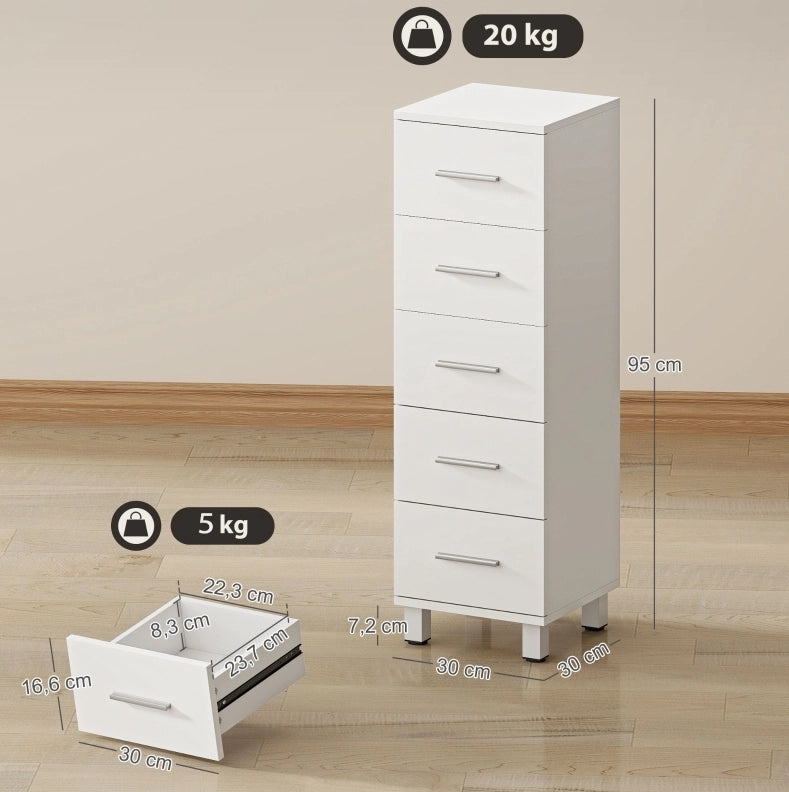 Mobile bagno stretto con 5 cassetti bianco