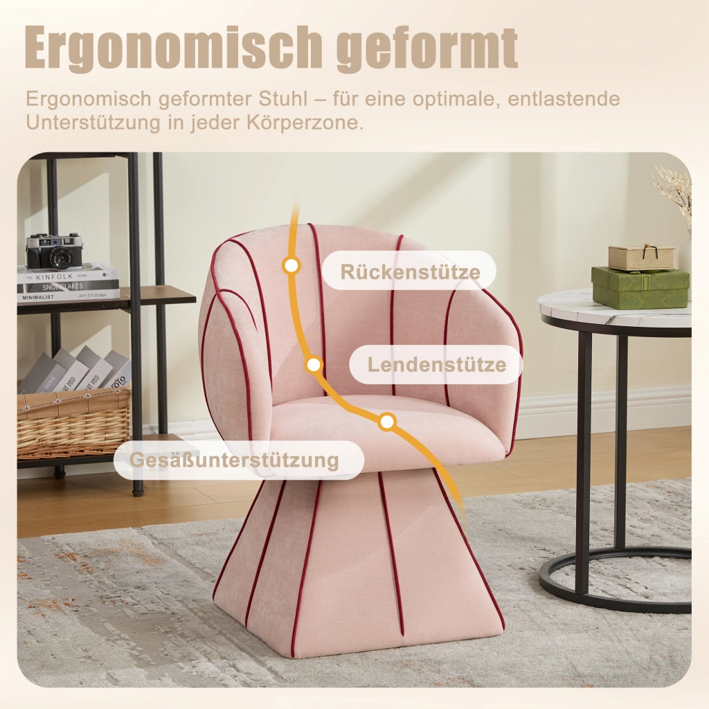 Poltrona girevole in ciniglia rosa con schienale alto e braccioli per camera e soggiorno 56 × 54 × 74.5 cm