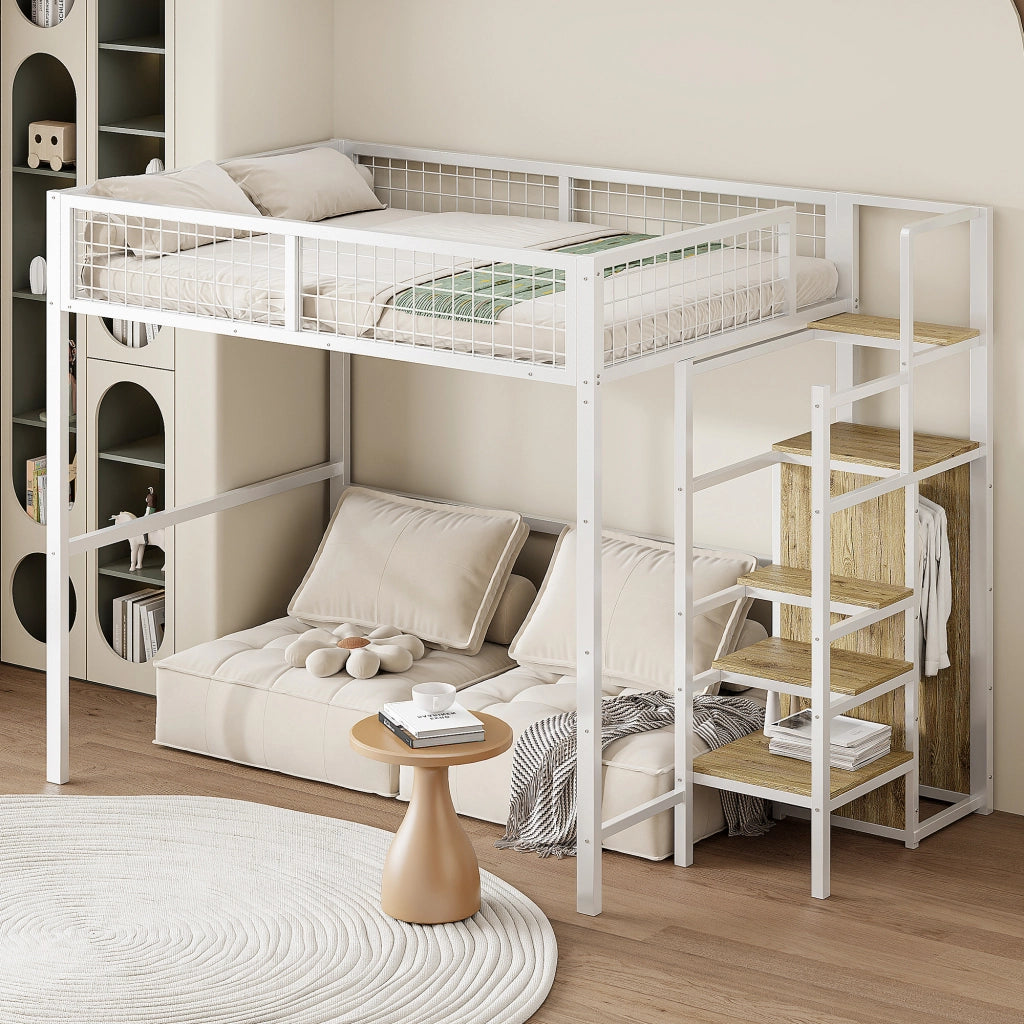 Letto a soppalco 140 × 200 cm con scala e armadio struttura in metallo e MDF bianco