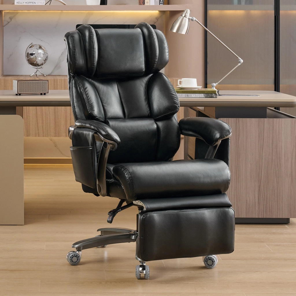 Poltrona da ufficio ergonomica XXL con massaggio e riscaldamento, in ecopelle PU nera, con poggiapiedi e schienale regolabile, fino a 110 kg