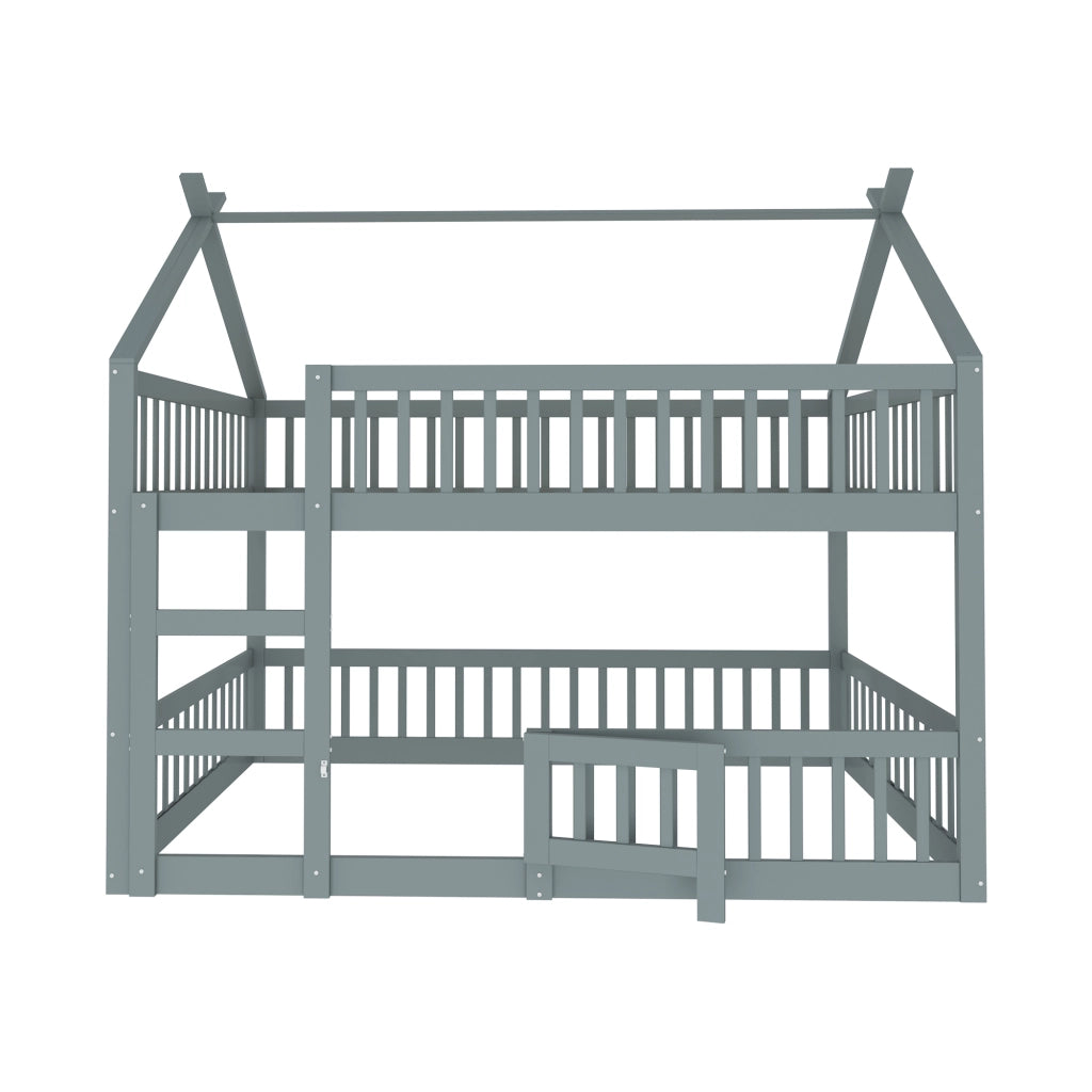 Letto a castello per bambini 140 × 200 cm con scala in legno grigio porta apribile e sponde alte