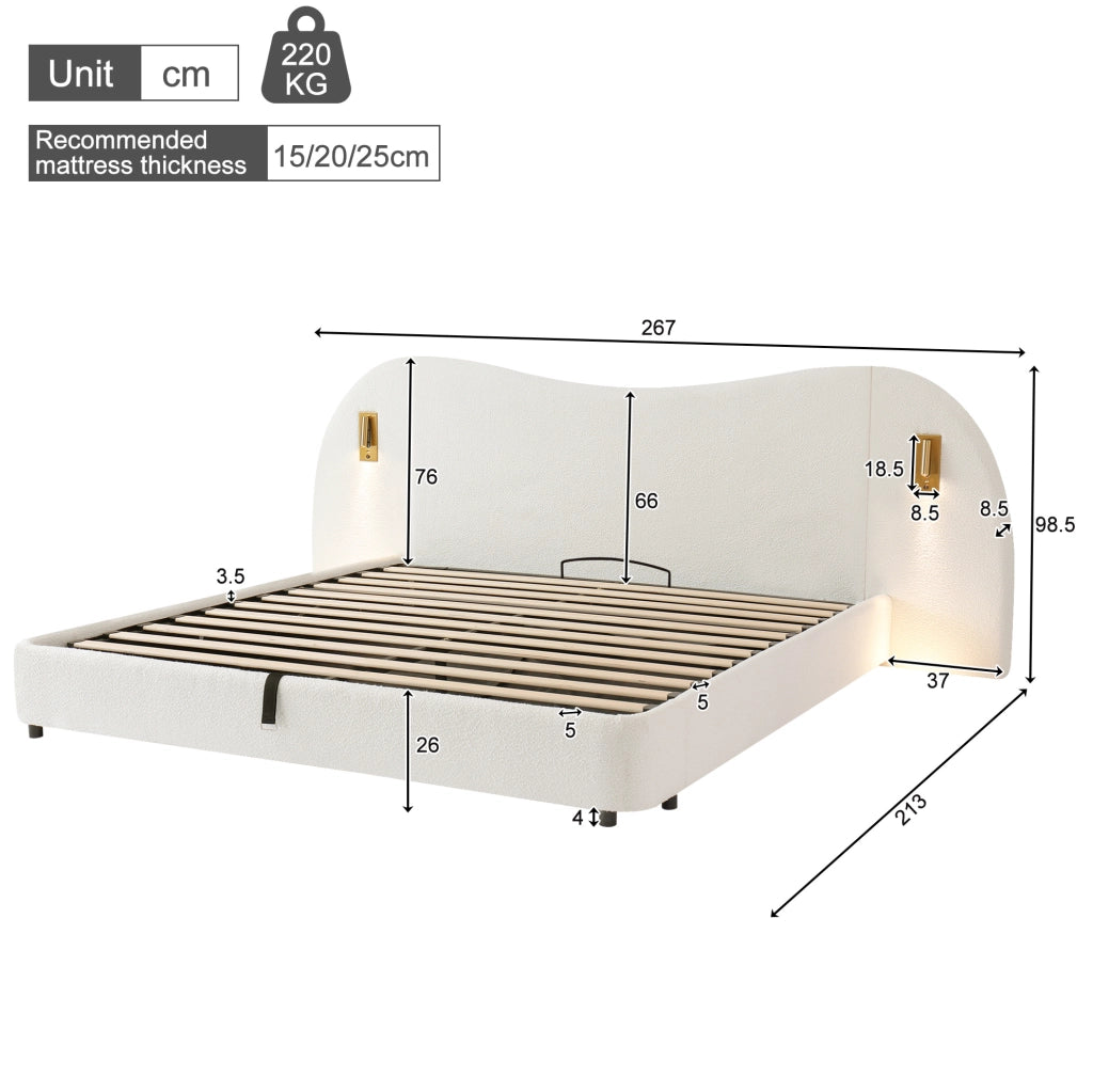 Letto 180x200 cm con contenitore idraulico, rete a doghe, USB e luci da lettura in boucl¨¦ bianco