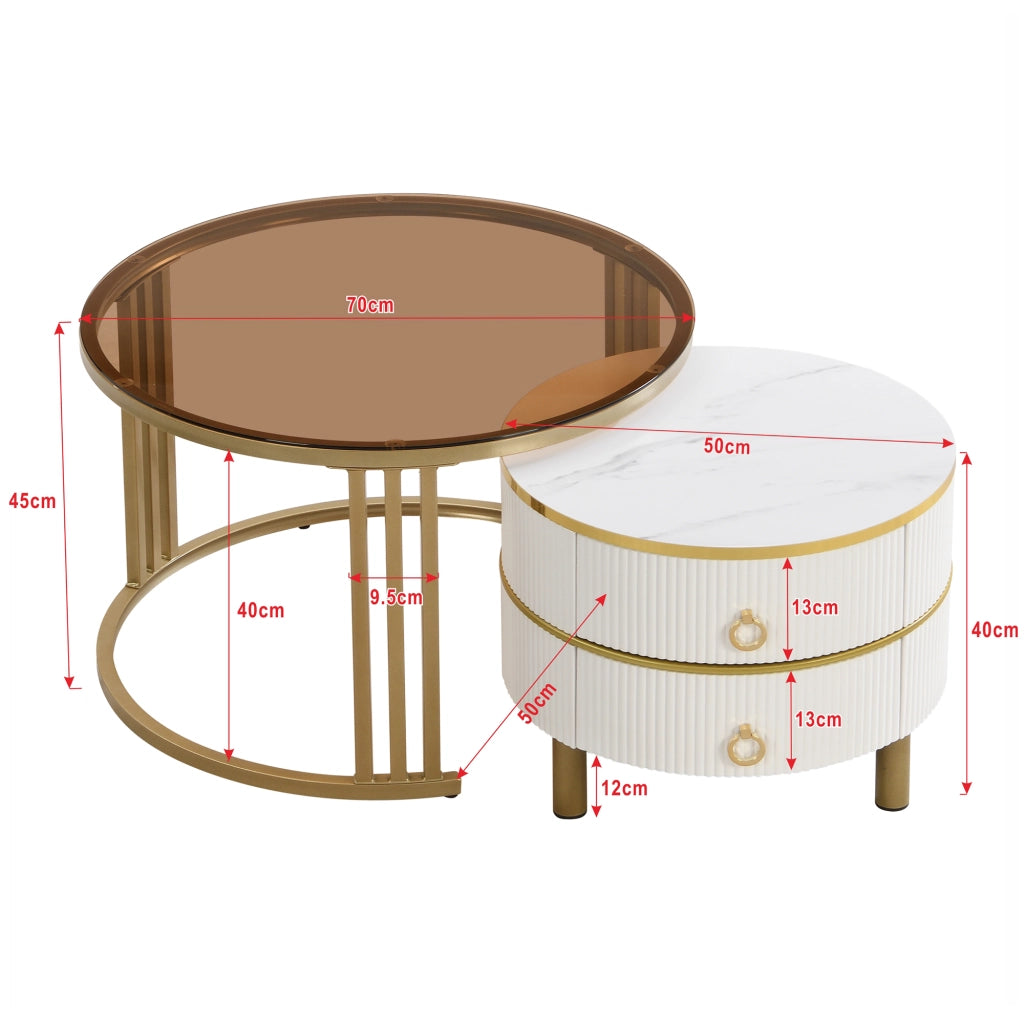 Tavolini bassi impilabili con 2 Cassetti; Piano in Vetro Temperato e MDF; per Soggiorno; Bianco; 70 × 70 × 45 cm
