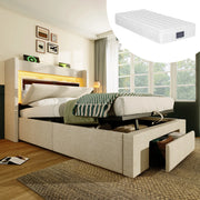 Letto Contenitore Singolo Imbottito 90x200 cm con Sollevamento Idraulico; LED; USB; USB-C; Beige
