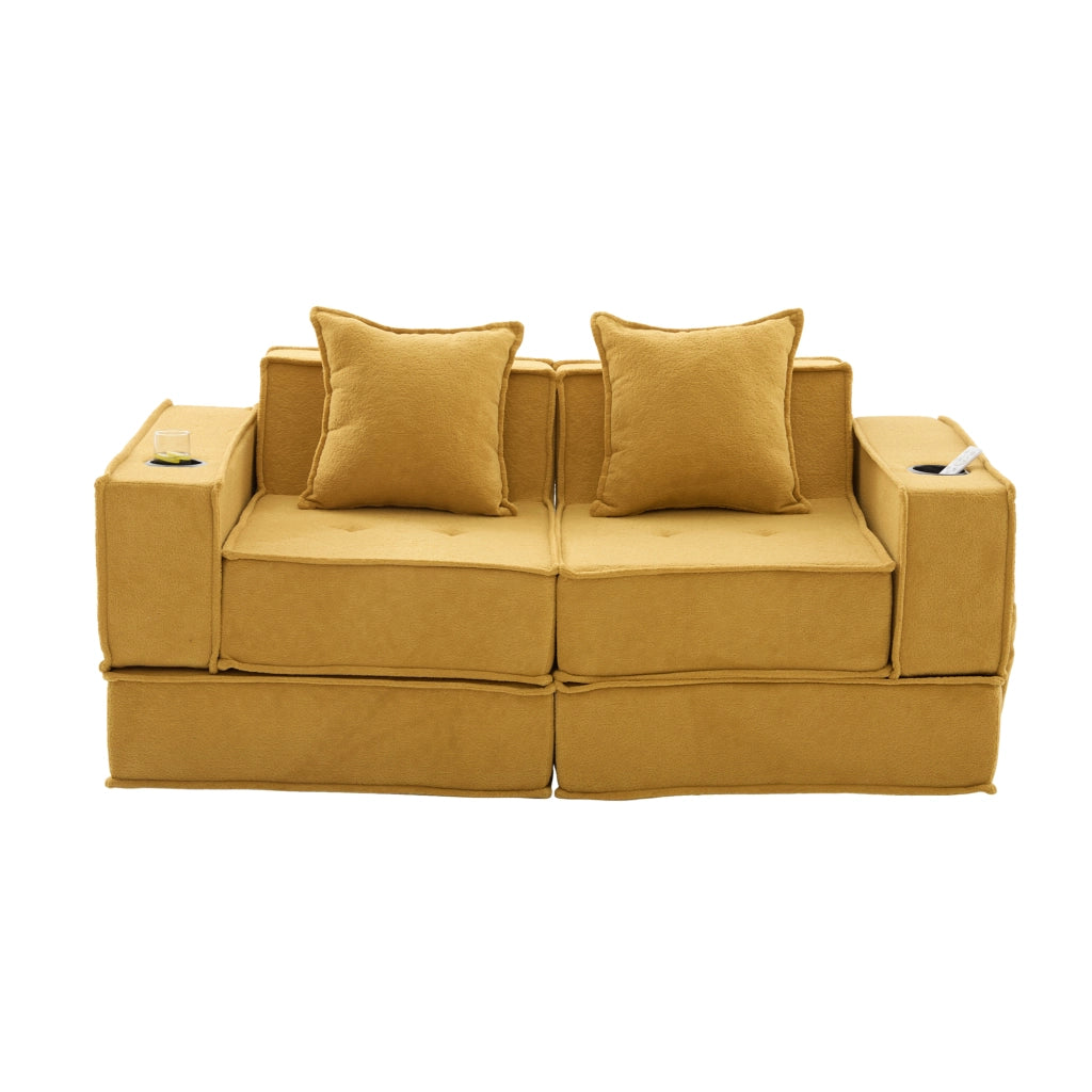 Divano letto 2 sedili convertibili con letto matrimoniale; pouf con portaoggetti e porta tazze; cuscini 2; velluto a coste; Giallo