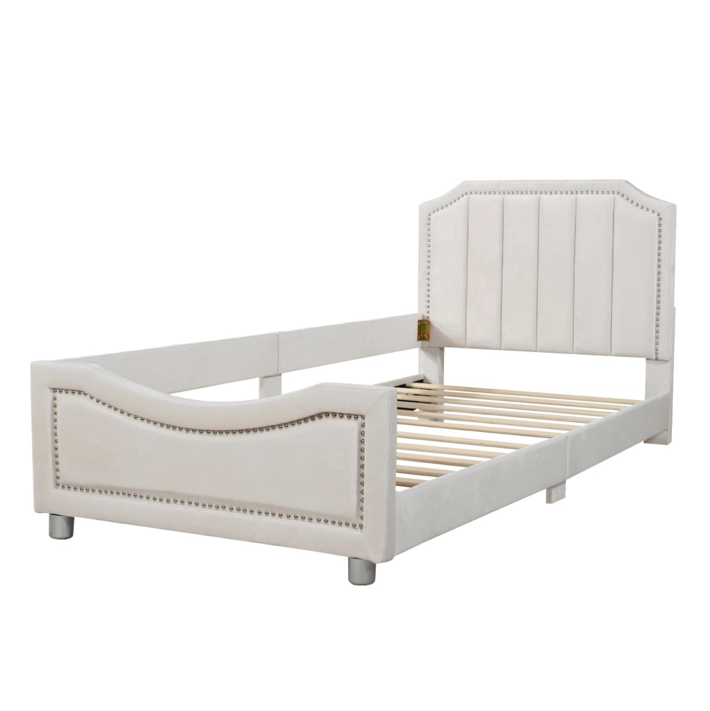 Letto imbottito per bambini con schienale e braccioli in flanella beige