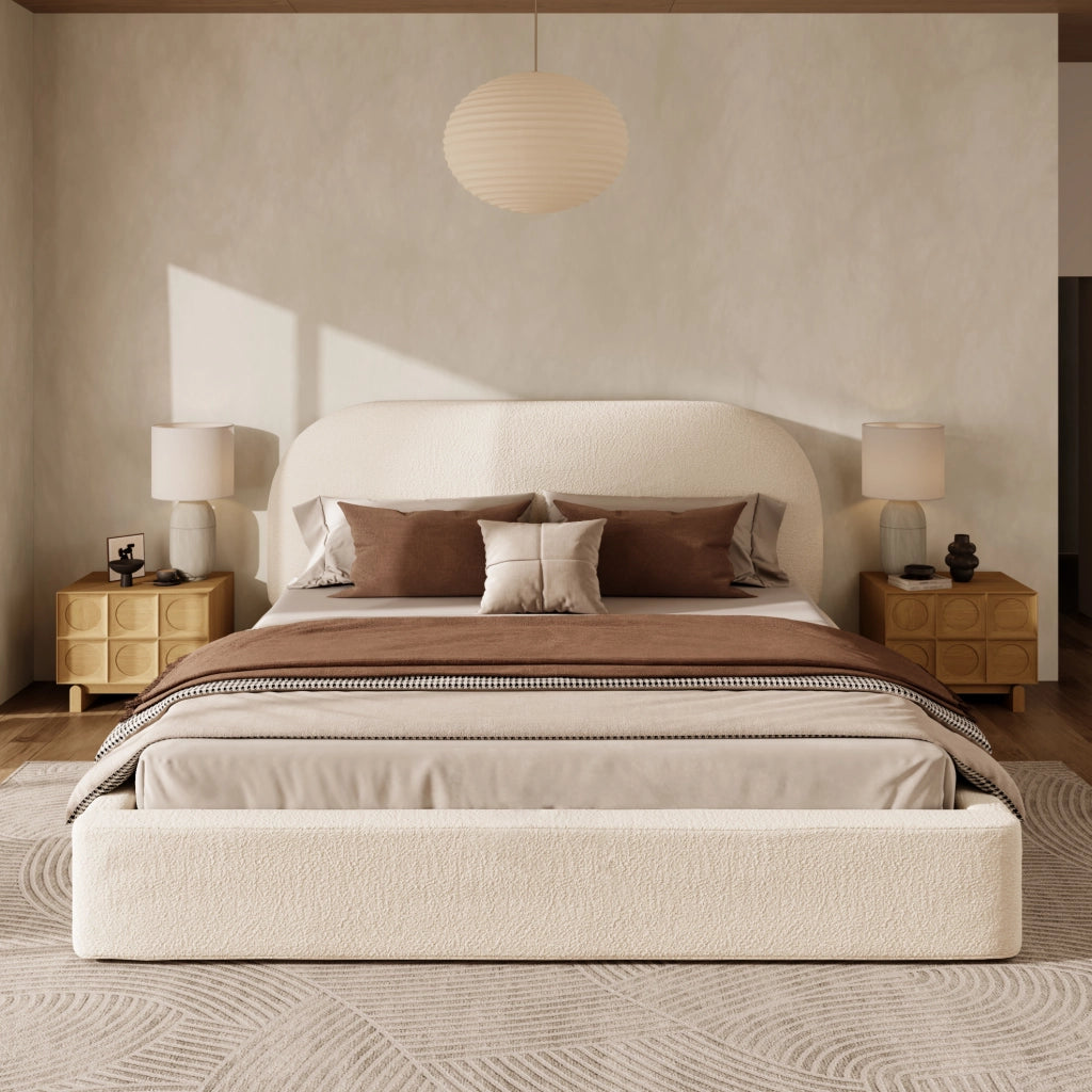 Letto imbottito con rete in bouclé beige