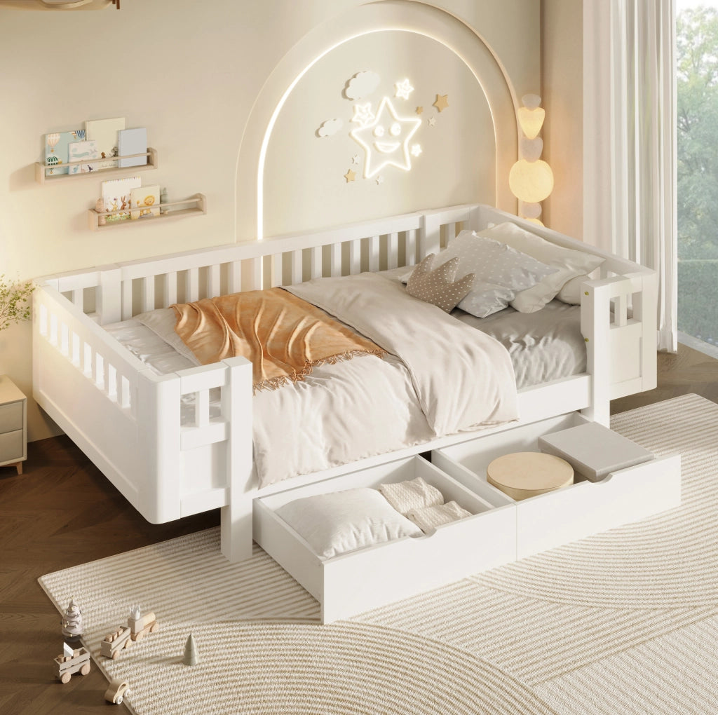 Letto a piattaforma 90x200 cm con sponde alte e due ampi cassetti, bianco